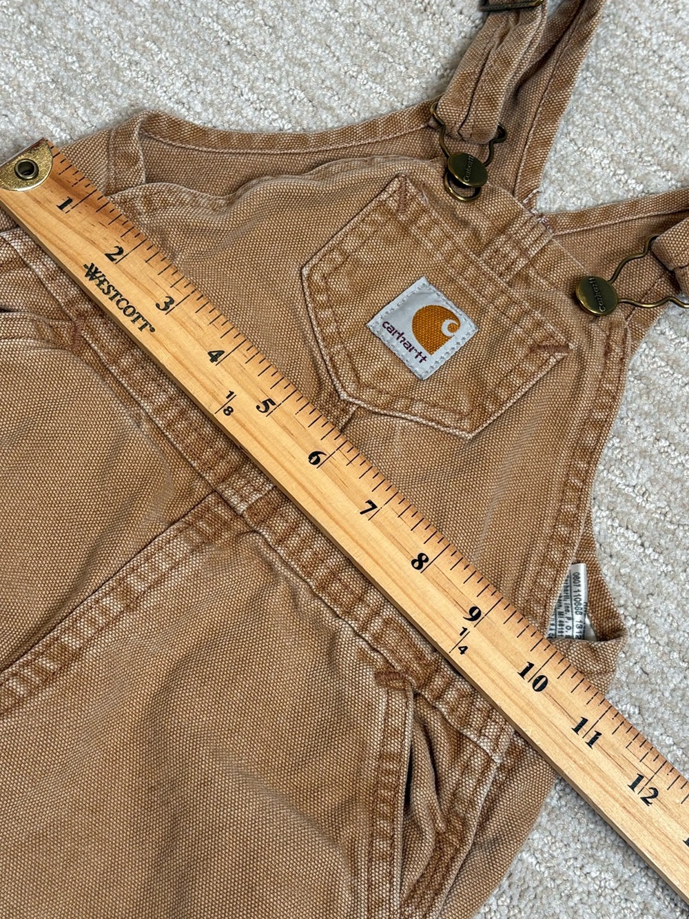 VTG Carhartt Baby Toddler Duck Bib Overalls Size 24M Leg Snaps One Piece Camel - Picture 4 of 9